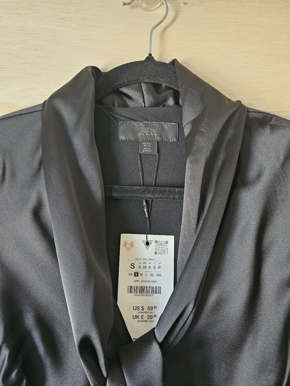 ZARA Black Satin Tie Neck Mini Dress Long Bell Sleeve NWT Size S - Picture 3 of 12